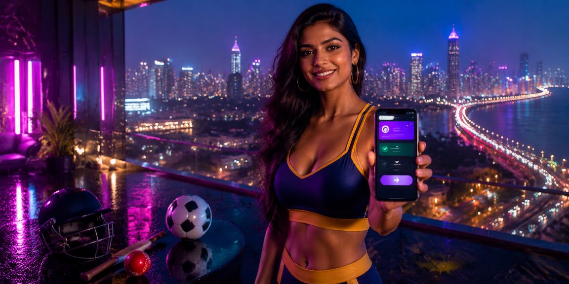 Mumbai neon lights behind cricket betting mobile app